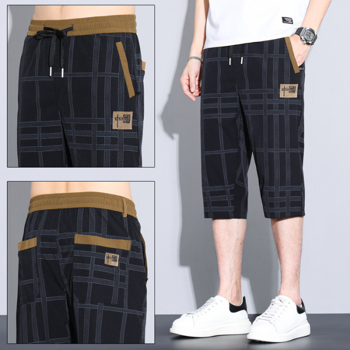 2025 New Summer Men's Outer Wear Breathable Cropped Pants Loose Trendy Ice Silk Quick-Drying Running Cropped Casual Pants