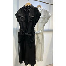 2024年夏季新款女士真丝欧根纱拼亚麻时尚纯色连衣裙品质感十足