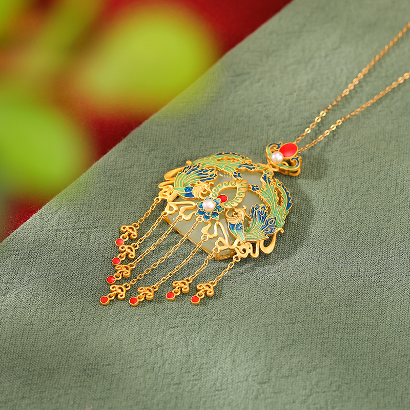 YUEBAO JEWELRY S925 STERLING 실버 골드 도금 HETIAN JADE 국가 패션 CLOISONNE PHOENIX NIRVANA RUYI TASSEL 펜던트 펜던트