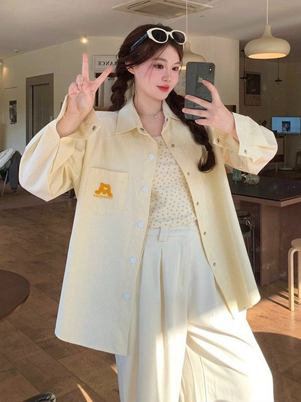 美式复古黄色条纹Polo领衬衫外套女春秋宽松休闲开衫慵懒衬衣上衣|undefined