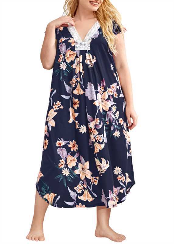 Invierno 2025 Amazon Camisón de mujer europea y americana Imitación algodón estampado de encaje costura cuello en V falda larga de manga larga servicio a domicilio sueño image 8