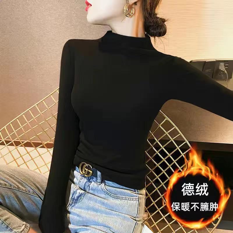 Women's Fleece Base Shirt Autumn Half-high Collar Warm Autumn Clothes Slim-fit Top Winter Sanding Heat Storage Long-sleeved T-shirt