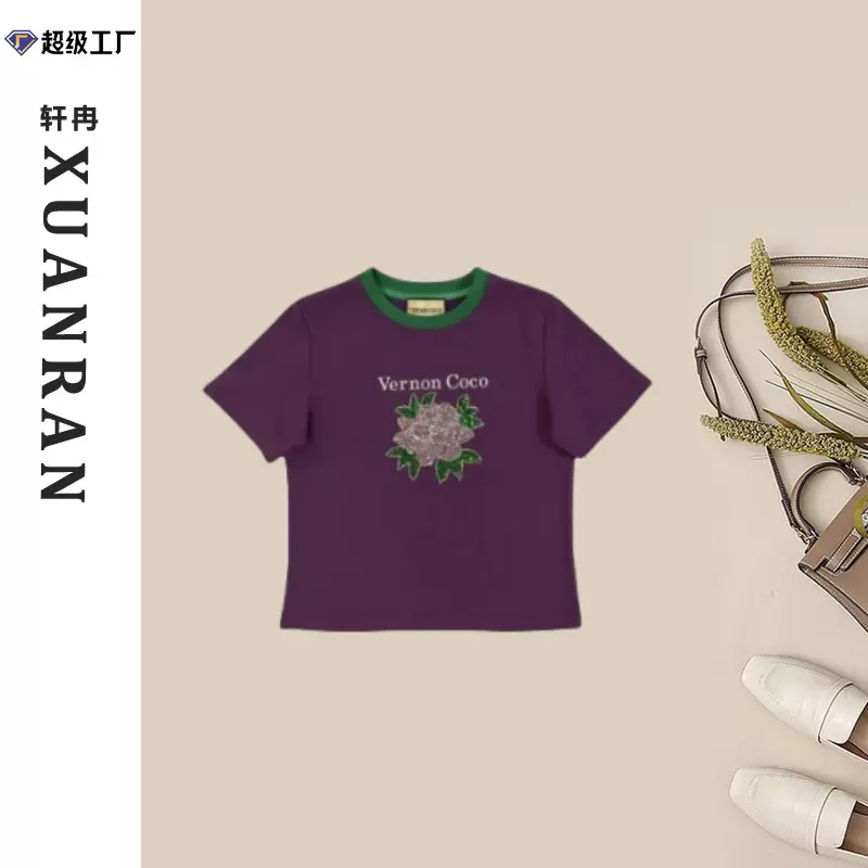 春夏气质山茶花减龄圆领时尚休闲短袖T恤设计感洋气上衣女装拼接