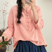 双层棉纱宽松大码纯色盘扣中国风长袖衬衫T恤女装衬衣