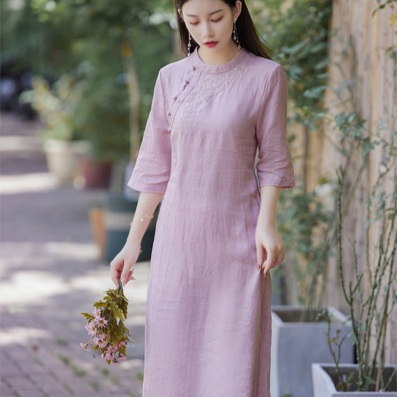 Summer New Original Half-sleeved Long Linen Dress Handmade Embroidered National Style Vintage Straight Modified Cheongsam