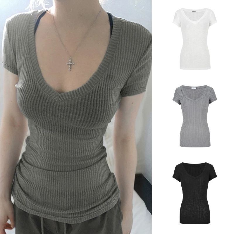 Magic Queen Pure Desire Slightly Transparent V-Neck Regular Shoulder Short Sleeve T-Shirt Slimming Simple Sun Protection Stylish Magic Queen Pure Desire Slightly Transparent V-Neck Regular Shoulder Short Sleeve T-Shirt Slimming Simple Sun Protection Stylish