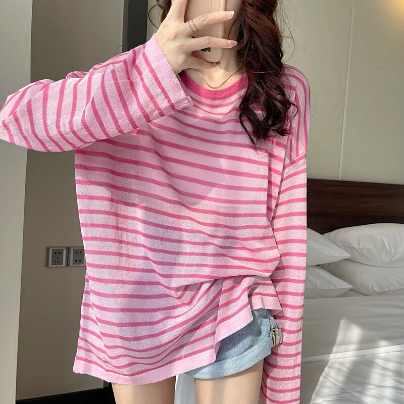 Striped Ice Silk Long-Sleeved T-Shirt for Women Summer Thin Loose Design Top Round Neck Versatile Knitted Sun Protection Blouse