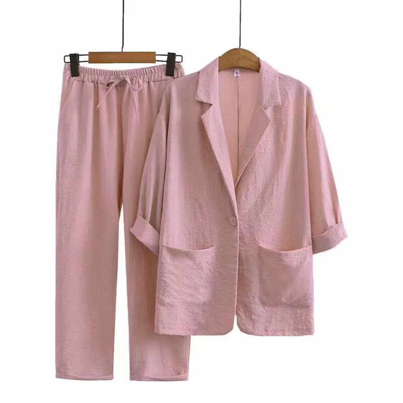 Amazon Cross-border Spring and Autumn plus size Loose Temperament Casual Suit Cotton Linen Long Sleeve Fashion Solid Color Sports suit