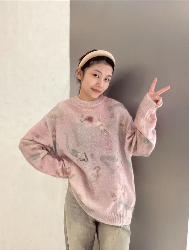 25南油新款秋冬甜美温柔风宽松百搭印花软糯针织衫女|undefined