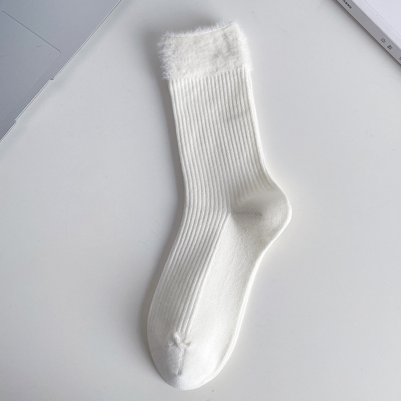 毛绒拼接袜子女秋冬新款纯色棉袜加厚保暖中筒月子袜韩系无骨女袜