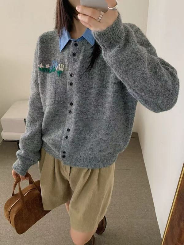 花朵刺绣圆领针织开衫韩系设计感口袋显瘦女装秋外穿内搭毛衣外套|undefined