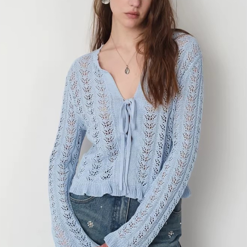 Vacation Style Hollow-Out Crochet Lace-Up Drop-Shoulder Cotton Knit Cardigan Air-Conditioning Shirt for Women New Style Vacation Style Hollow-Out Crochet Lace-Up Drop-Shoulder Cotton Knit Cardigan Air-Conditioning Shirt for Women New Style