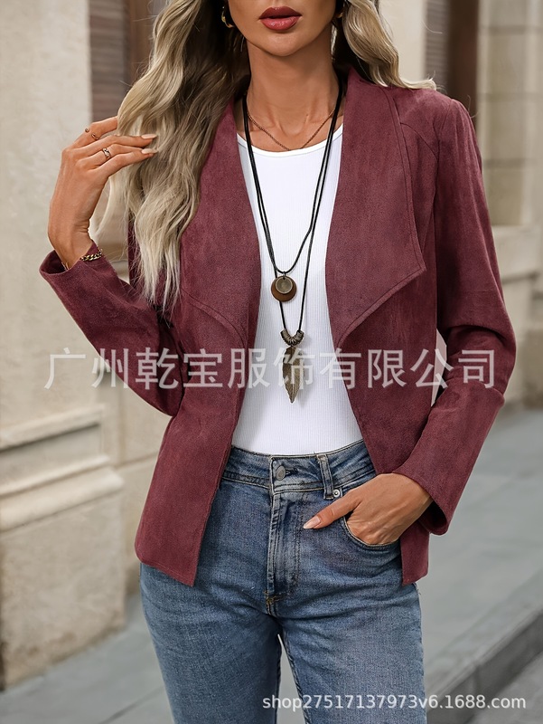 2025新款跨境外贸欧美女装纯色西装翻领无扣修身时尚外套开衫上衣|undefined