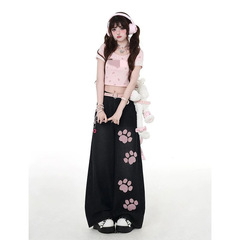 甘くてクールな猫刺繍ブラックワイドレッグジーンズ女性の夏の新しいハイウエストルーズストレートフロアレングスパンツトレンディ