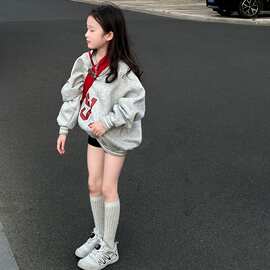 女童美式复古休闲卫衣春秋新款儿童领字母宽松休闲洋气上衣