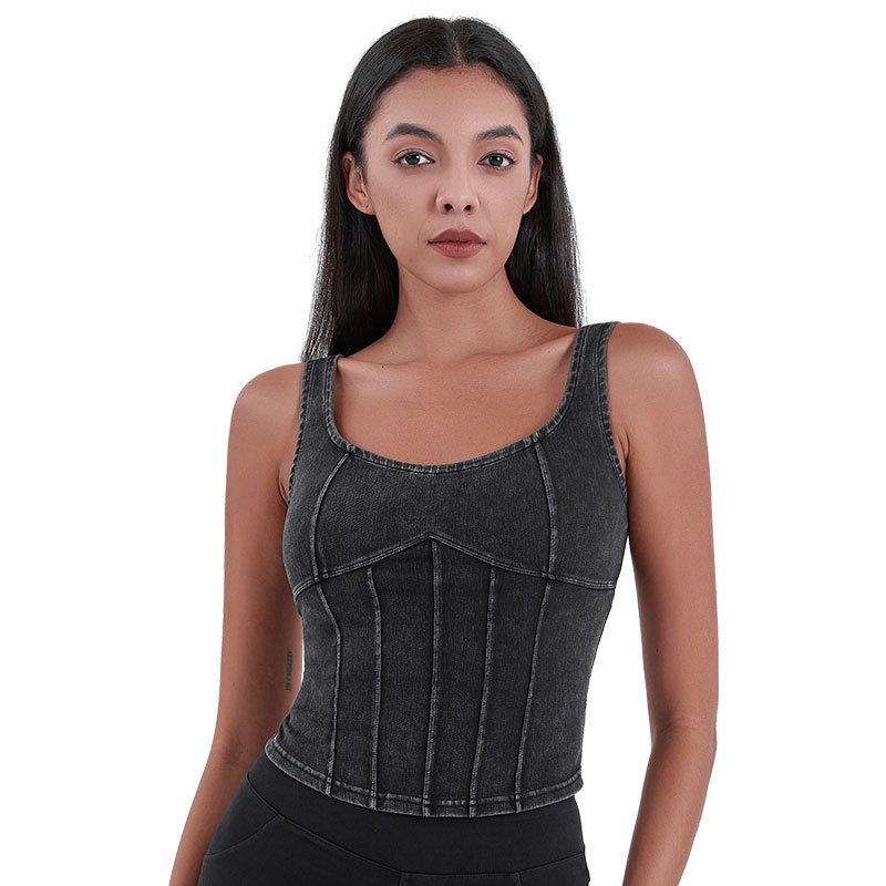 Primavera y verano nuevo Denim yoga camisola de las mujeres elástico apretado con el pecho pad belleza volver deportes desgaste exterior fitness top