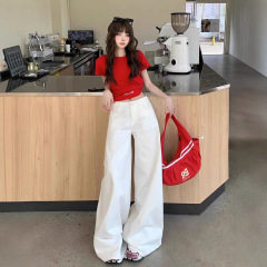 美式复古白色阔腿牛仔裤女百搭显瘦高腰宽松慵懒休闲垂感拖地长裤