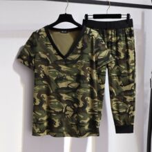 2021春夏新款迷彩v领短袖T恤+七分裤显瘦宽松哈伦裤大码胖mm套装