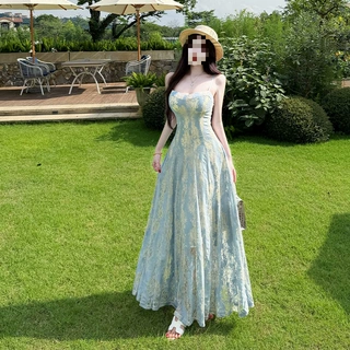 佰搭法式温柔风重工蕾丝拼接吊带裙女夏季新款气质修身超仙度假裙