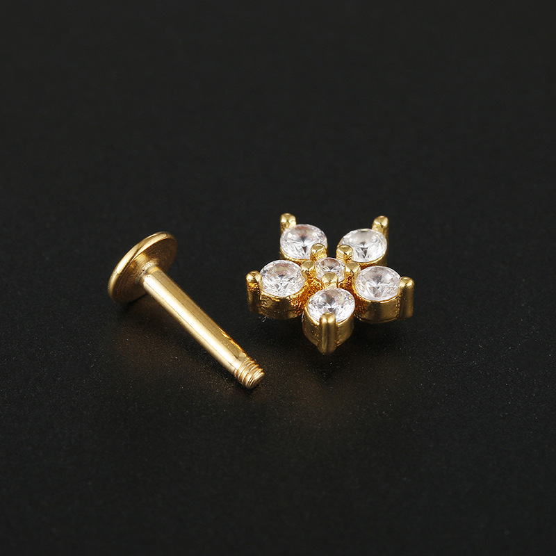 Hip-Hop Geometric Flower Stainless Steel Inlay Zircon lip stud 1 Piece