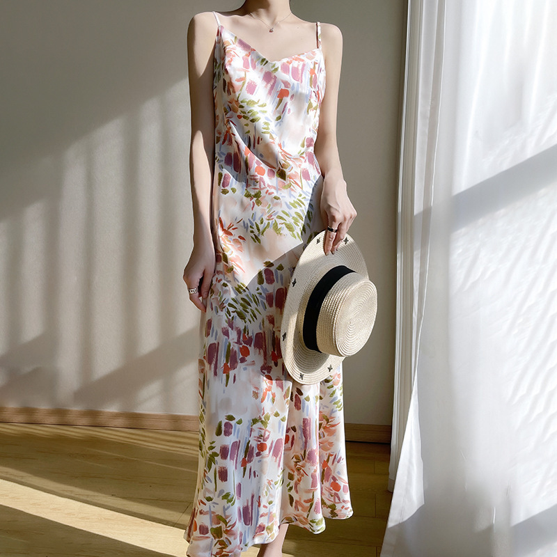 V-neck Mid-length Satin Sling dress Women's 24 Summer Interior Design Niche Slim Elegant Dress