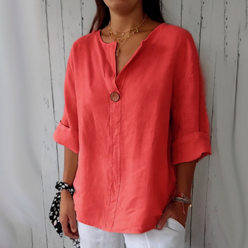 Women's Autumn Loose-Fitting Cotton Linen T-Shirt With V-Neck And Buttoned Design, Available In Plus Sizes For Wholesale_ecoleips.com