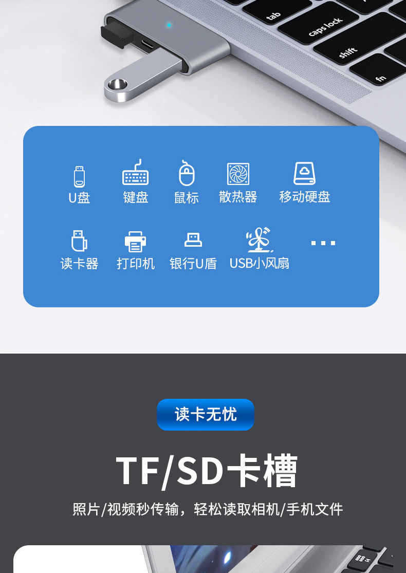 OTG Multifunctional Docking Station Type-C to USB3.0 SD TF 3-in-1 Card Reader Type-C to Dual USB3.0