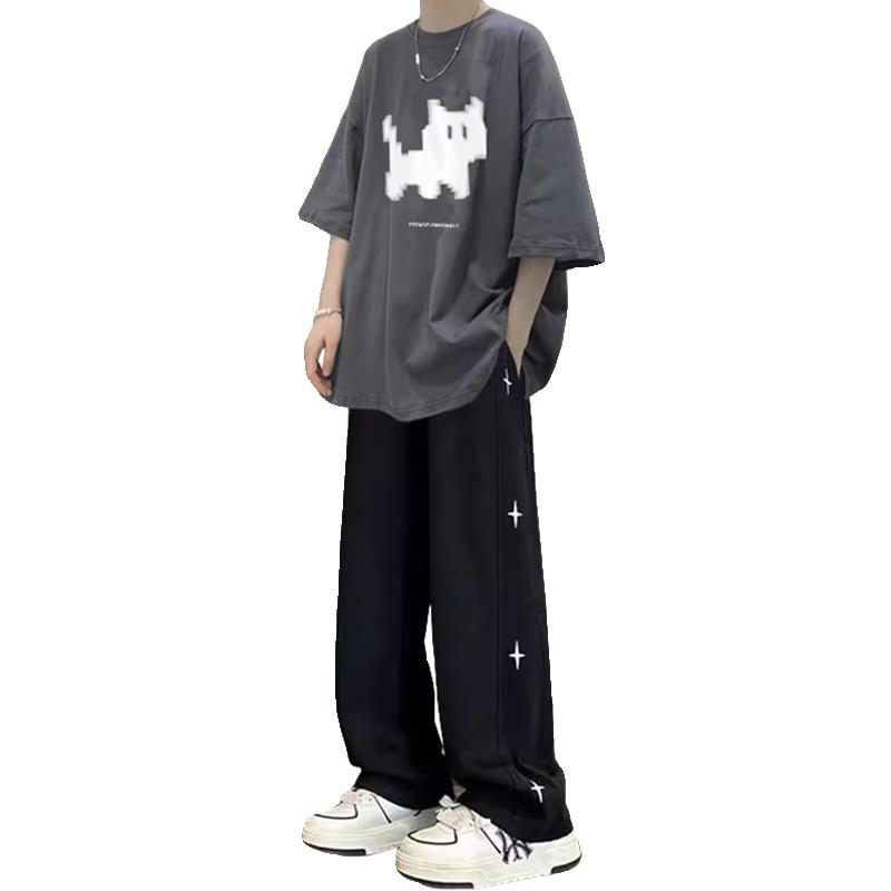 Hong Kong Style Loose Short-sleeved T-shirt Men's Summer suit Teenagers Yuppi Handsome Men's Wear Set Student Two-piece Set