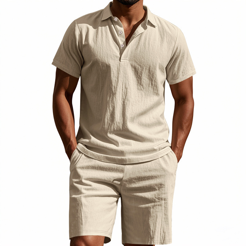 Summer Men's Casual Cotton and Linen Suit, Sports Breathable Thin Linen Lapel Two-Piece Set, Men's Polo Shirt, Men's Short-Sleeved Shirt