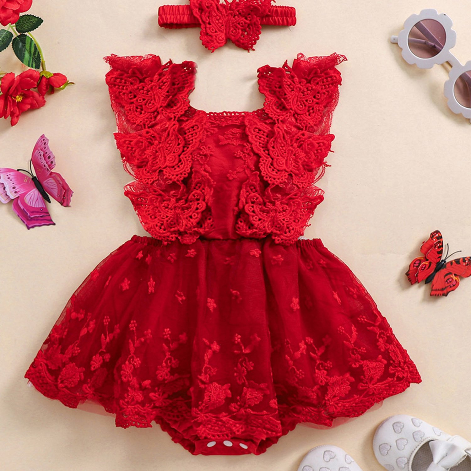 0.0 78.74ft Baby Girls Rompers Dress Lace Butterfly Fly Transfronterizo