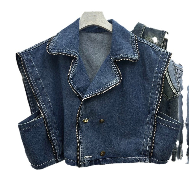 Retro cremallera vaqueros abrazadera de caballo chaqueta de primavera 2024 nuevo corto suelto sin mangas chaleco de moda image 5