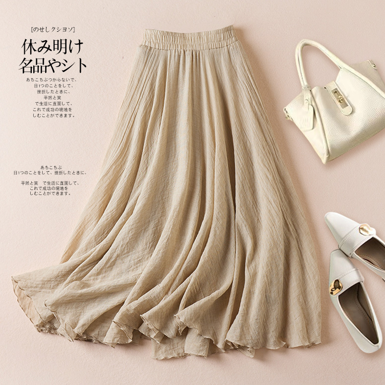 33 Colors 2025 Spring and Summer New Loose Cotton and Linen Artistic Pleated A-Line Skirt with Large Hem for Women