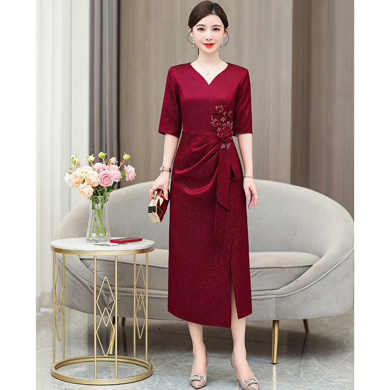 Xi Mother-in-law Wedding Dress wine red Dress 2024 Summer New Fashion Elegant Retro Embroidered dress