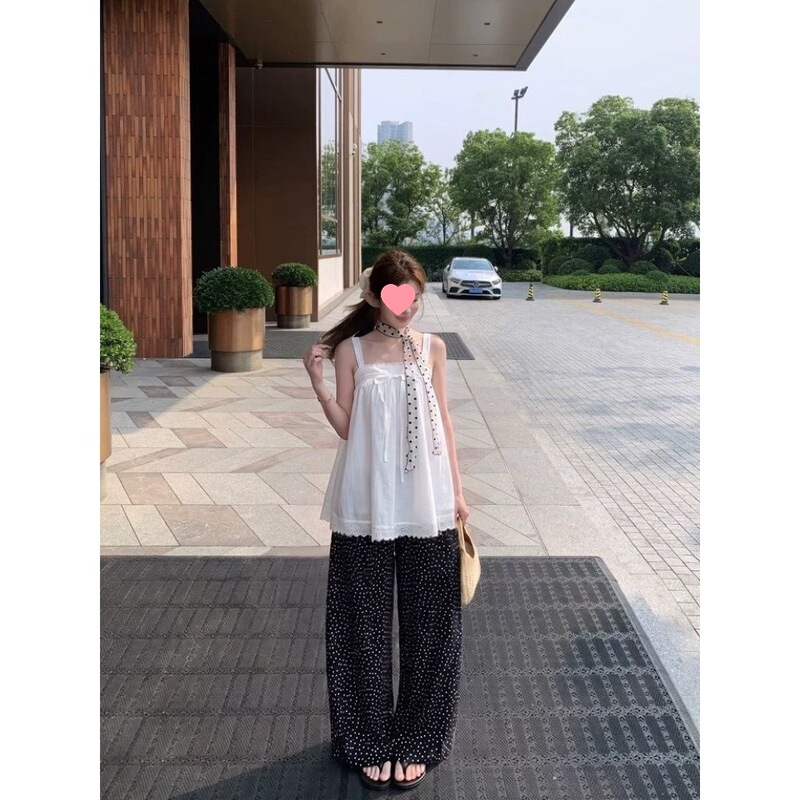 French Resort-Style Outfit with Lace Trim, White Camisole, Women's Summer Polka Dot Casual Pants, Floor-Length Pants Two-Piece Set French Resort-Style Outfit with Lace Trim, White Camisole, Women's Summer Polka Dot Casual Pants, Floor-Length Pants Two-Piece Set