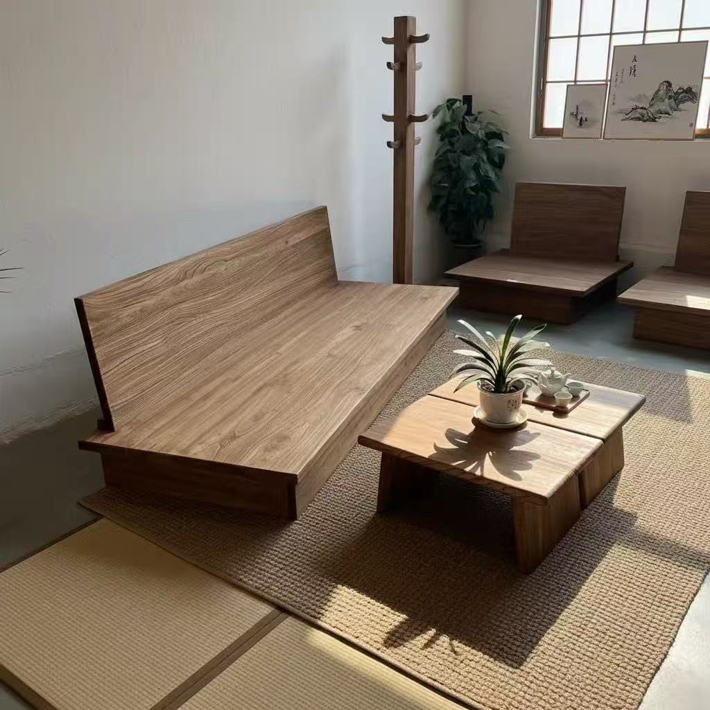Old elm wood sofa, living room straight-row double sofa chair, Zen-style sofa for guesthouses and hotels, solid wood backrest sofa