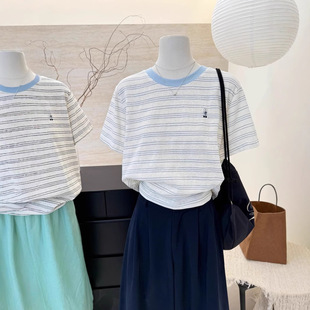 chubby girl Plus Size 100.00kg Summer Bunny Color Contrast Round Neck Striped Short-sleeved T-shirt Women's Korean Loose Base Top