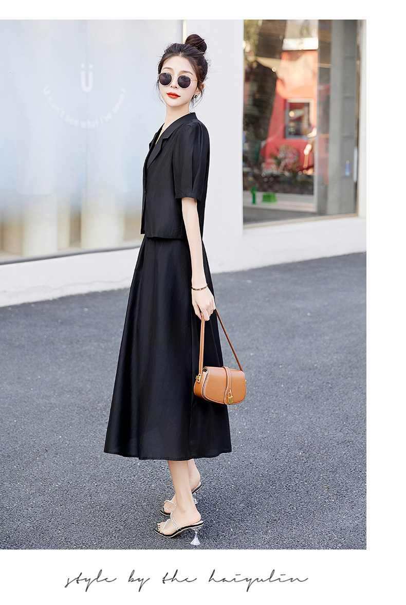 Bộ đồ Tencel nữ hai mảnh gồm áo và chân váy midi thắt eo — Màu đen, Màu xám, Màu kaki chi tiết 27