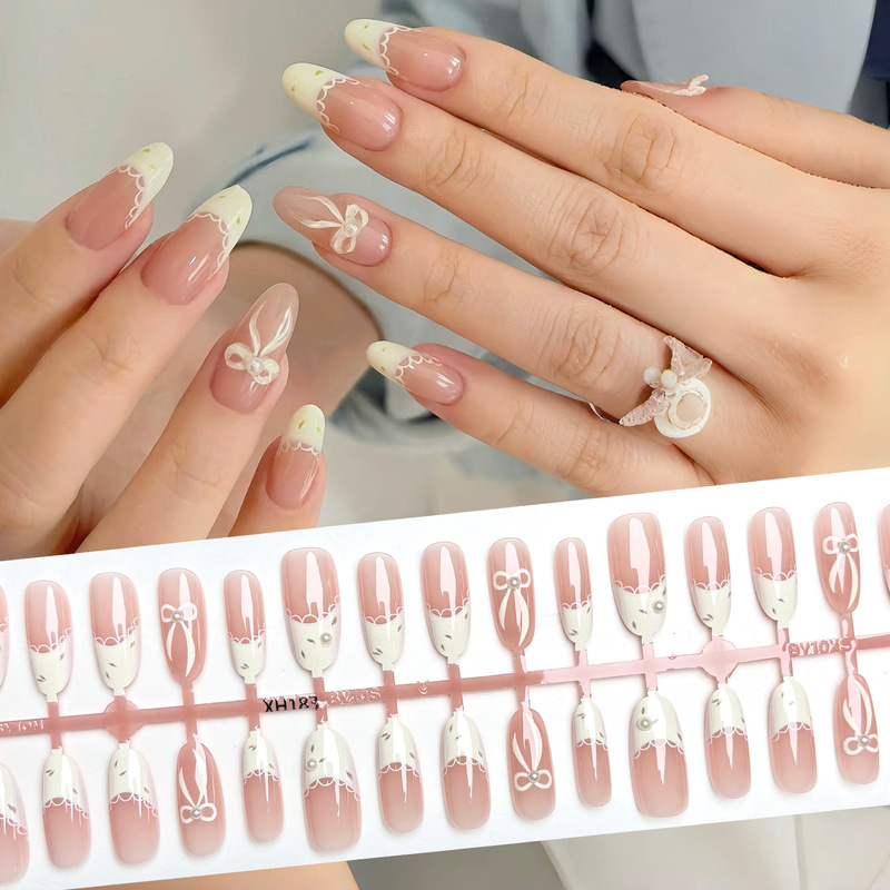 2025 New Summer Style French Wear Nails, High-End Gentle Bow Pearl Manicure Patches, Lace Ballet Style