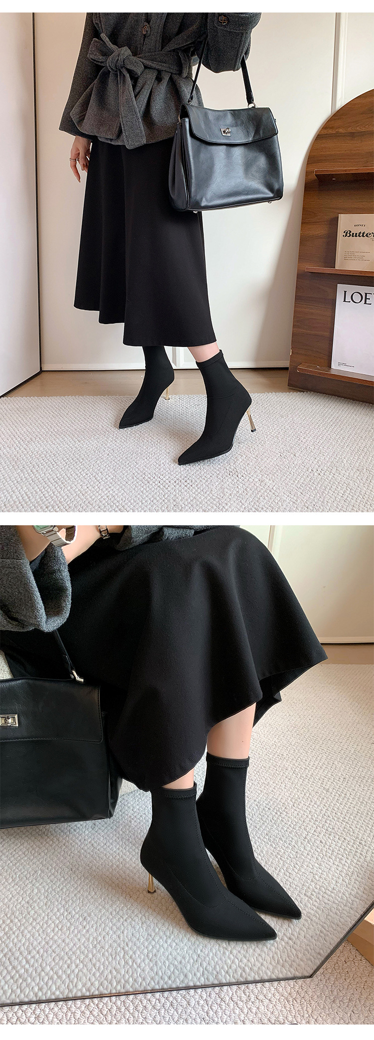 Boot nữ cổ cao quá gối mũi nhọn gót nhọn co giãn ôm chân — Ống cao màu đen chi tiết 7