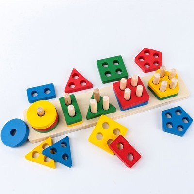 Wooden geometric shape column set, five sets of columns, wisdom column, Montessori early education cognitive building block matching toys for young children