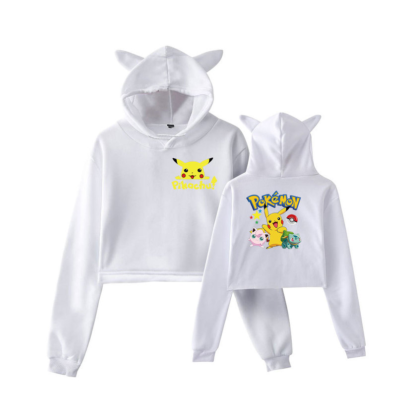 Cross-border supply Pikachu small fire dragon 2D hot stamping navel top short sweater girls' autumn cat ears