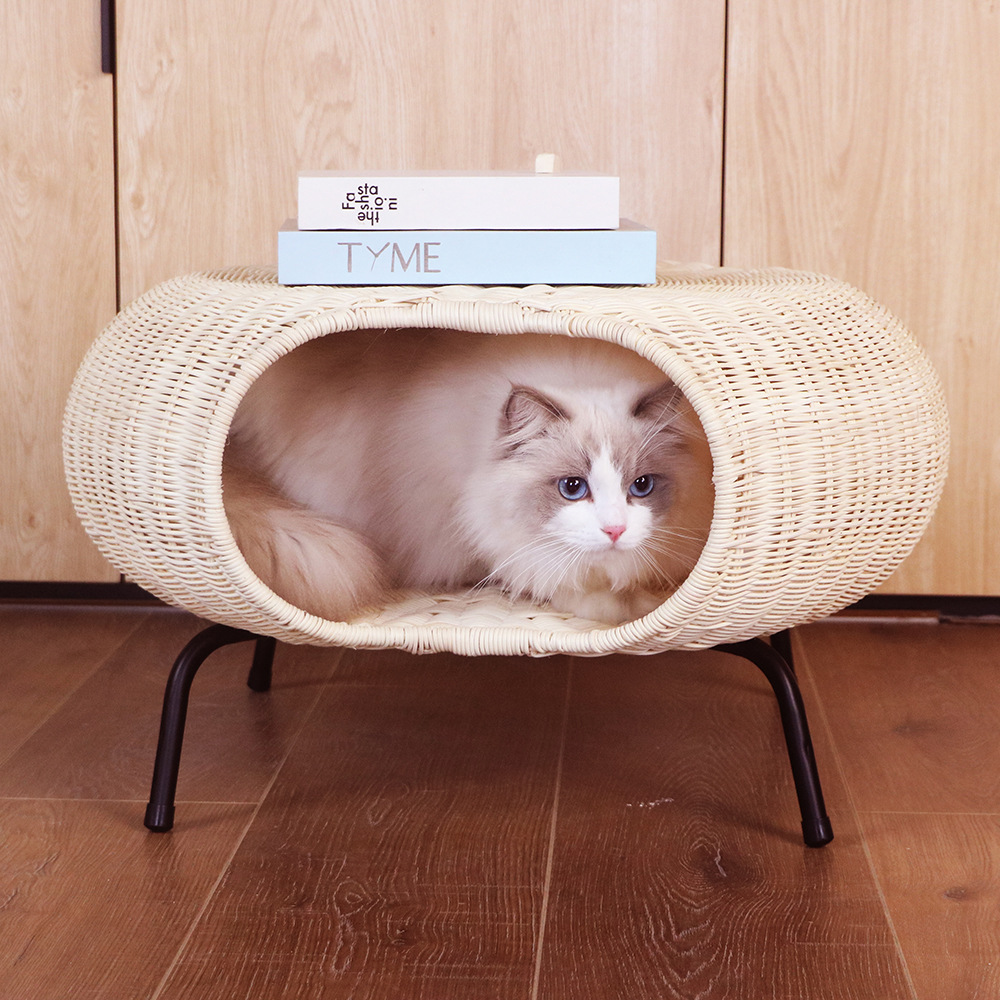 Balcón nórdico patio sala de estar silla de caña ocio redonda mesa de té pequeña mesa de té artesanal tela de caña almacenamiento mascota gato