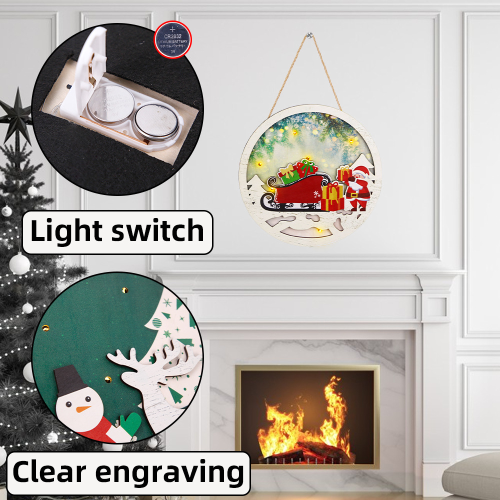 Letrero de madera navideño para puerta, colgante de dibujos animados de Papá Noel y muñeco de nieve, decoración para fiesta de Navidad, luz LED brillante, letrero de madera de doble capa