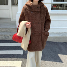 6181韩系连帽苏力羊驼圈圈中长款毛呢子大衣女小个子休闲羊毛外套