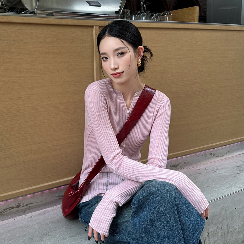 Elsissi Design-Inspired Winter Base Layer Shirt, Vintage V-Neck Ribbed Knit Sweater, Lazy Style Top Cardigan for Women