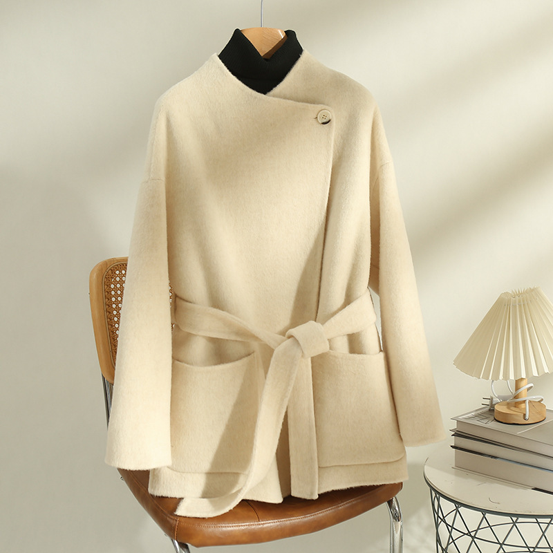 26 New Autumn and Winter Double-Sided Wool Coat with Belt, Mid-Length Minimalist Loose Lazy Bathrobe Woolen Coat