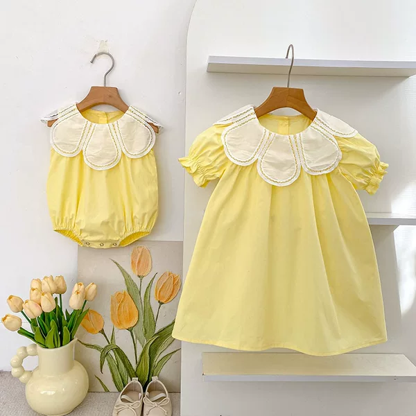 Girls' Summer Dress with Petal Collar, Sleeveless Baby Romper, Stylish Onesie for Baby Girls, Children's Sisters' Clothing