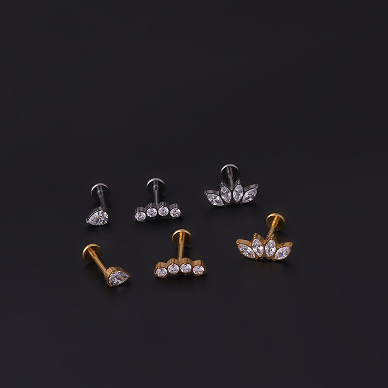 Titanium inlaid zircon water drop shape flat bottom rod ear bone nail