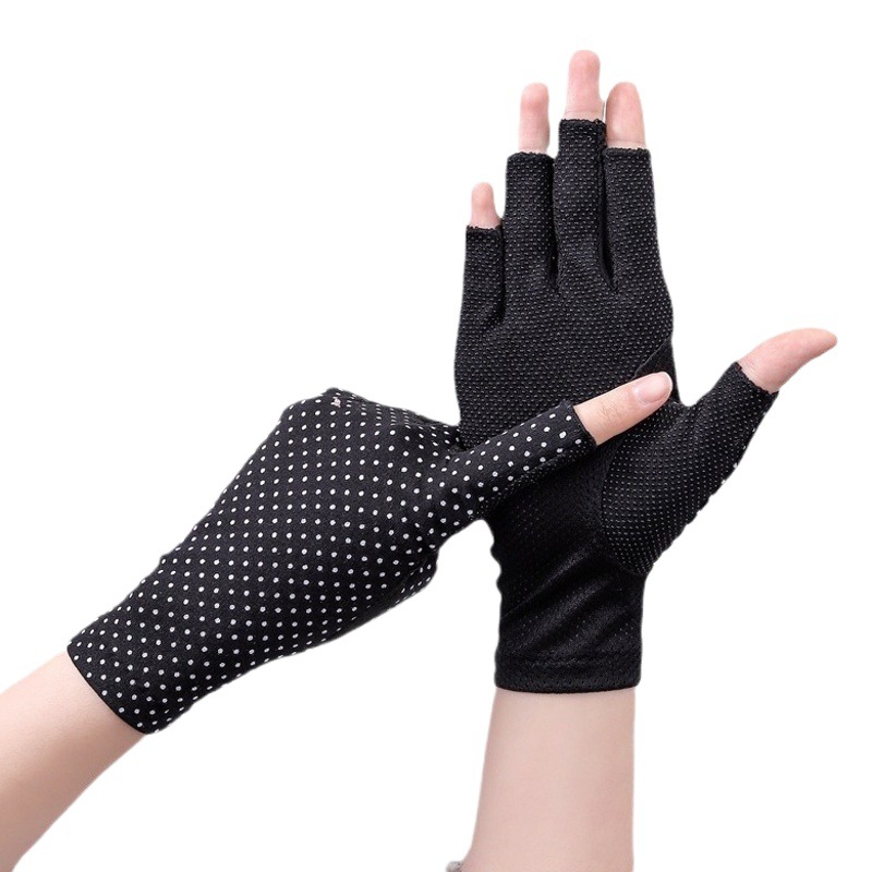 Primavera y verano 7039 medio dedo abierto Dedo de las mujeres delgadas al aire libre antideslizante montar pantalla táctil a prueba de UV manicura guantes de protección solar