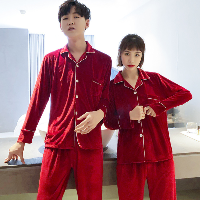 Coreano terciopelo pareja pijamas de las mujeres Otoño e Invierno de manga larga cardigan oro terciopelo cardigan simple ropa de hogar traje de los hombres más el tamaño